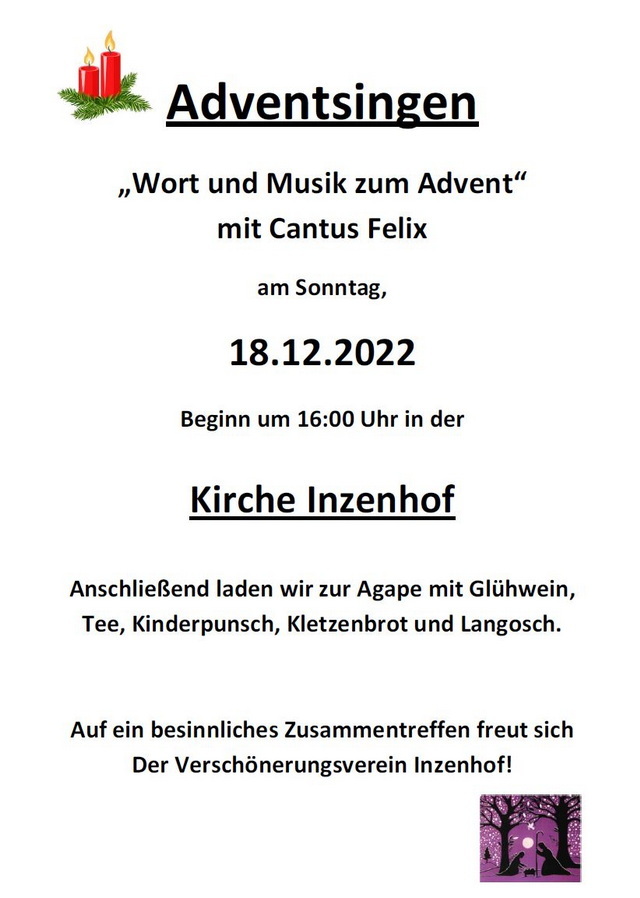 Adventsingen am 18. Dez. in Inzenhof